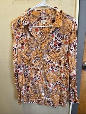 Pilcro for Anthropologie Floral Button-Up Shirt in Mustard & Rust large euc